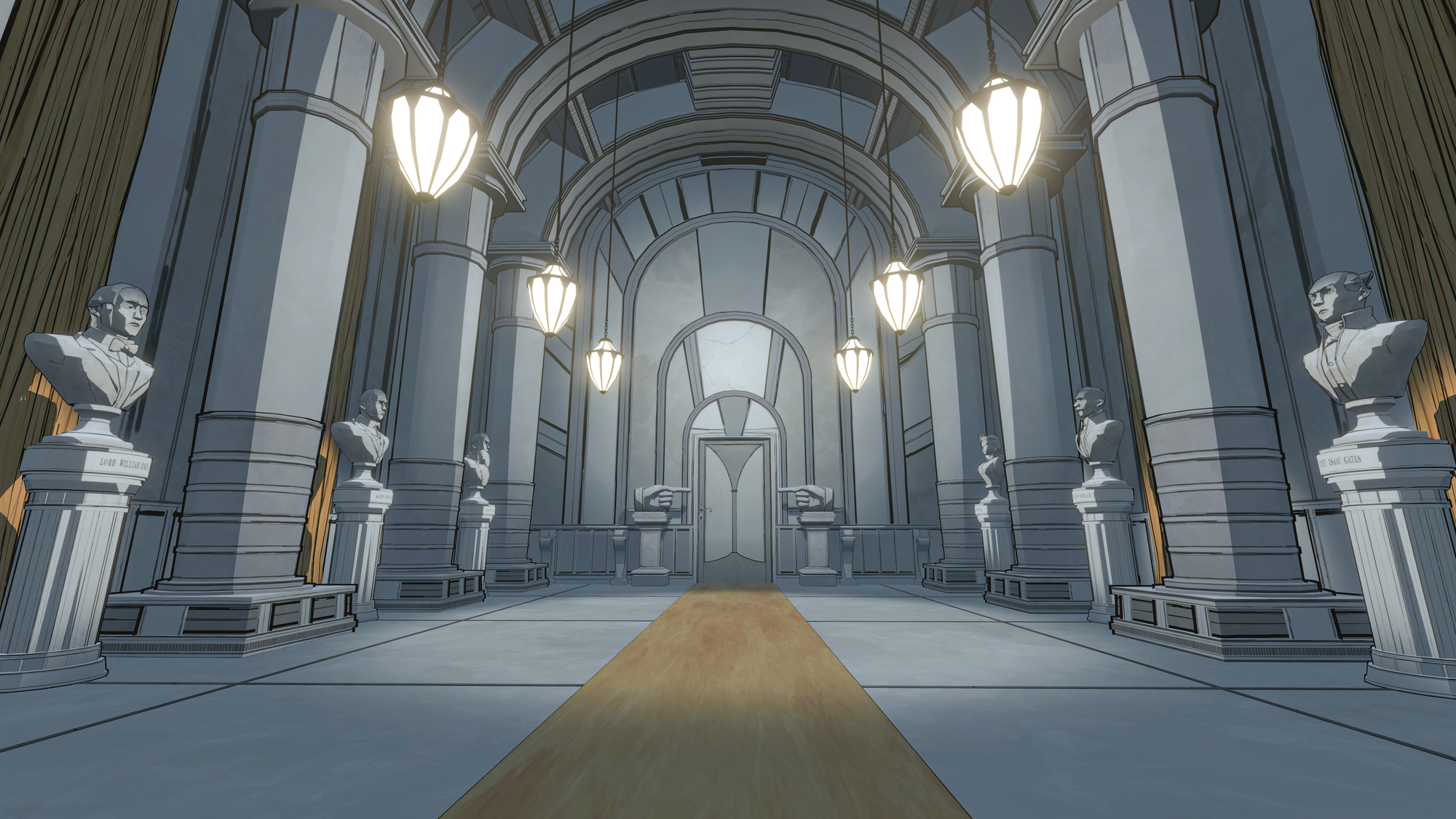 A promotional shot for Blue Prince of a grand hallway flanked by marble busts of men, ending in a doorway.