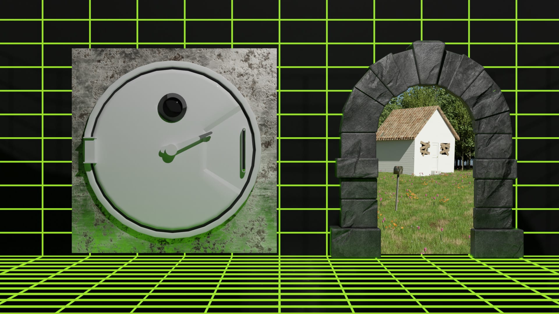 Two portals stand side-by-side in a neon green wireframe world. The left door is a science fiction circular portal with a lever lock. The right is an open stone frame looking on to a field with a boarded-up white house and a letterbox.